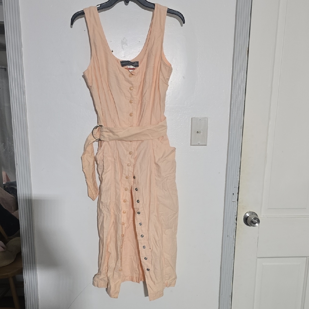 Karen Alexander Dress Sleeveless Peach Button-Front Dress with Waist Tie